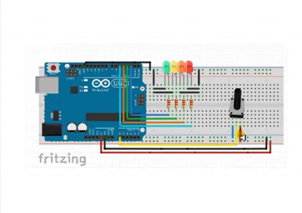 Esquema de conexión encendido proporcional de led  según posición del potenciometro.
