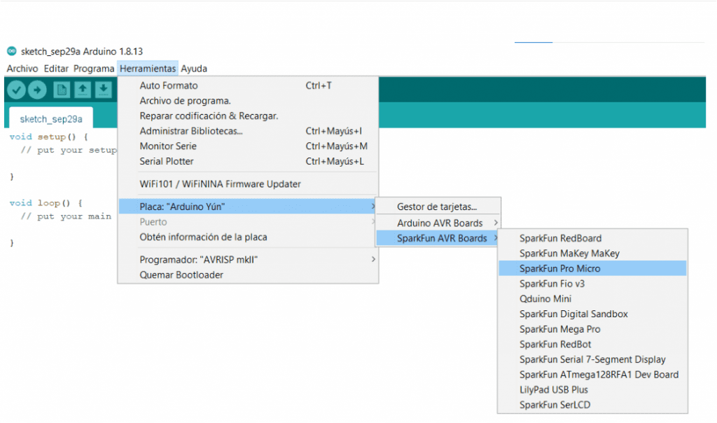 Placa Pro Micro ide arduino